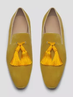 Men's Yellow Tassel Round Toe Suede Loafer Prom Wedding Shoes
