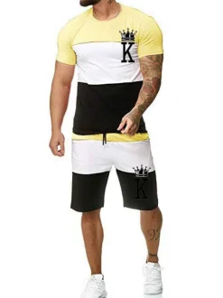 Men's Activewear 2-Piece Color Block Short Sleeves Jewel Neck Yellow