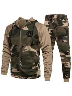 Men's Activewear 2-Piece Color Block Long Sleeves Khaki
