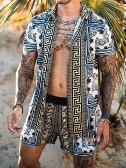 Men's Activewear 2-Piece Geometric Short Sleeves Turndown Collar Blue
