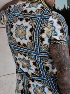 Men's Activewear 2-Piece Geometric Short Sleeves Turndown Collar Blue