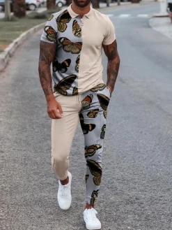 Men's Activewear 2-Piece Printed Short Sleeves Turndown Collar khaki