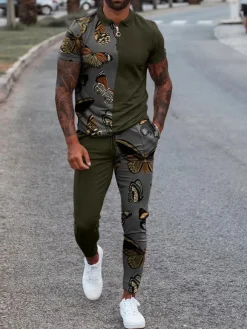 Men's Activewear 2-Piece Printed Short Sleeves Turndown Collar khaki