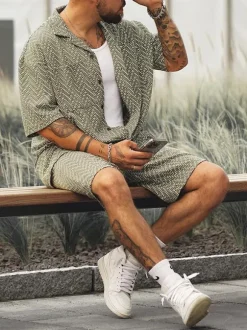 Men's Activewear 2-Piece Printed Short Sleeves Turndown Collar Sage