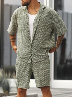 Men's Activewear 2-Piece Printed Short Sleeves Turndown Collar Sage