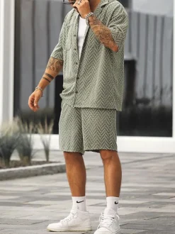 Men's Activewear 2-Piece Printed Short Sleeves Turndown Collar Sage