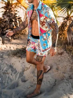 Men's Activewear 2-Piece Printed Short Sleeves Turndown Collar Blue