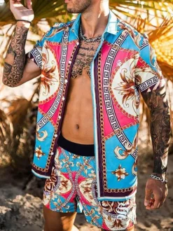 Men's Activewear 2-Piece Printed Short Sleeves Turndown Collar Blue