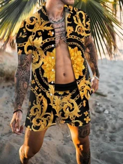 Men's Activewear 2-Piece Printed Short Sleeves Turndown Collar Yellow