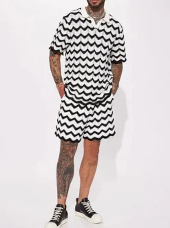 Men's Activewear 2-Piece Short Sleeves Turndown Collar Black