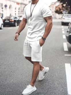 Men's Activewear 2-Piece Short Sleeves Jewel Neck White