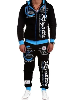 Men's Activewear 2-Piece Words Print Long Sleeves Hooded Blue