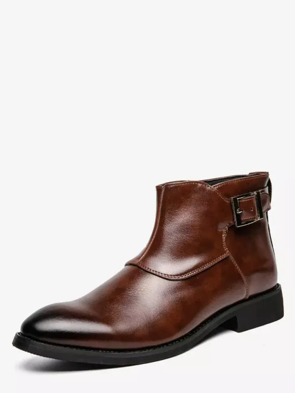 Mens Ankle Boots Leather Pointed Toe Adjustable Buckle Inner Zipper Business Boots