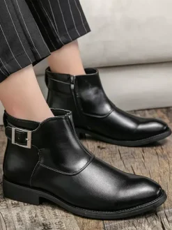 Mens Ankle Boots Leather Pointed Toe Adjustable Buckle Inner Zipper Business Boots