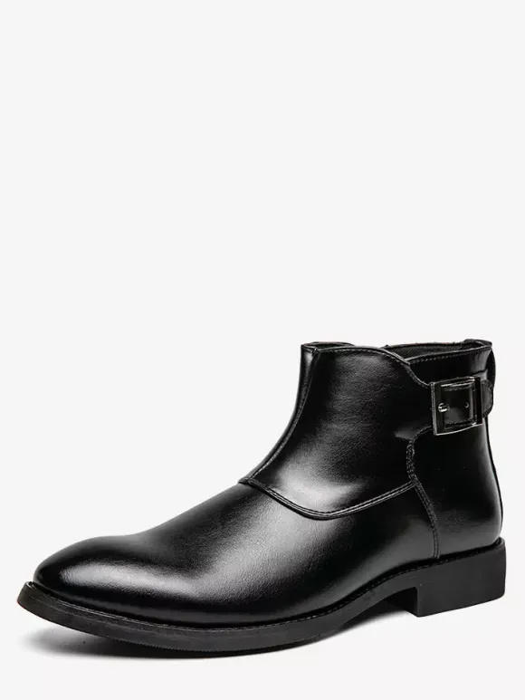 Mens Ankle Boots Leather Pointed Toe Adjustable Buckle Inner Zipper Business Boots