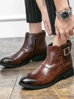 Mens Ankle Boots Leather Pointed Toe Adjustable Buckle Inner Zipper Business Boots