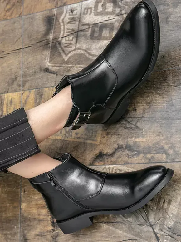Mens Ankle Boots Leather Pointed Toe Adjustable Buckle Inner Zipper Business Boots