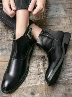 Mens Ankle Boots Leather Pointed Toe Adjustable Buckle Inner Zipper Business Boots