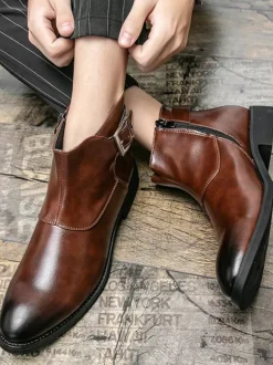 Mens Ankle Boots Leather Pointed Toe Adjustable Buckle Inner Zipper Business Boots