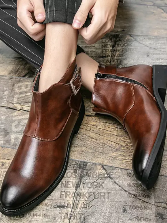 Mens Ankle Boots Leather Pointed Toe Adjustable Buckle Inner Zipper Business Boots