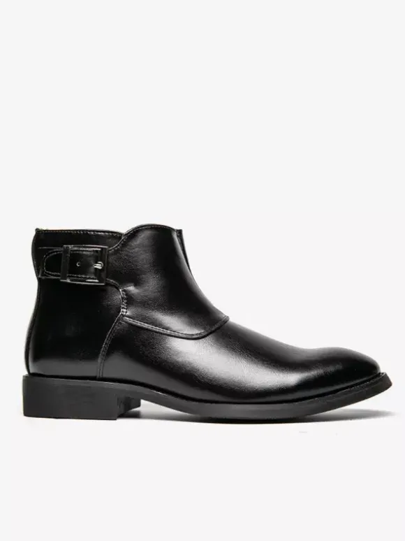 Mens Ankle Boots Leather Pointed Toe Adjustable Buckle Inner Zipper Business Boots