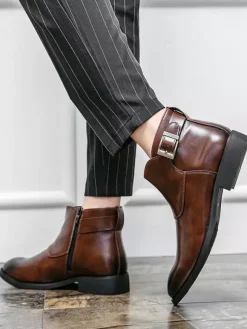 Mens Ankle Boots Leather Pointed Toe Adjustable Buckle Inner Zipper Business Boots