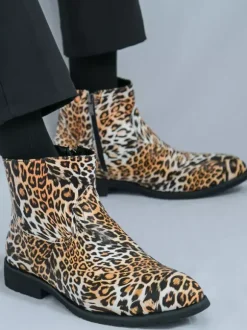 Mens Ankle Boots Round Toe Low Block Heel Leopard Print Casual Shoes