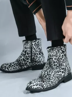 Mens Ankle Boots Round Toe Low Block Heel Leopard Print Casual Shoes