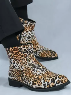 Mens Ankle Boots Round Toe Low Block Heel Leopard Print Casual Shoes