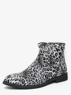 Mens Ankle Boots Round Toe Low Block Heel Leopard Print Casual Shoes