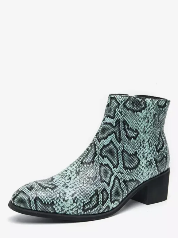 Mens Ankle Boots Snake-Print Pointed Toe Mid-Heel Zip-Up Leather Boots