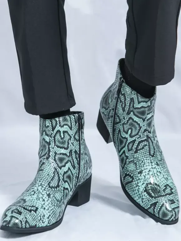 Mens Ankle Boots Snake-Print Pointed Toe Mid-Heel Zip-Up Leather Boots