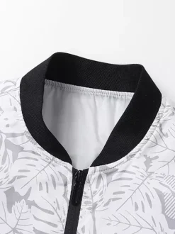 Men's Baseball Collar Jacket Maple Leaf Printed Long Sleeve Elastic Cuffs Zippered Side Pockets Lightweight Jacket