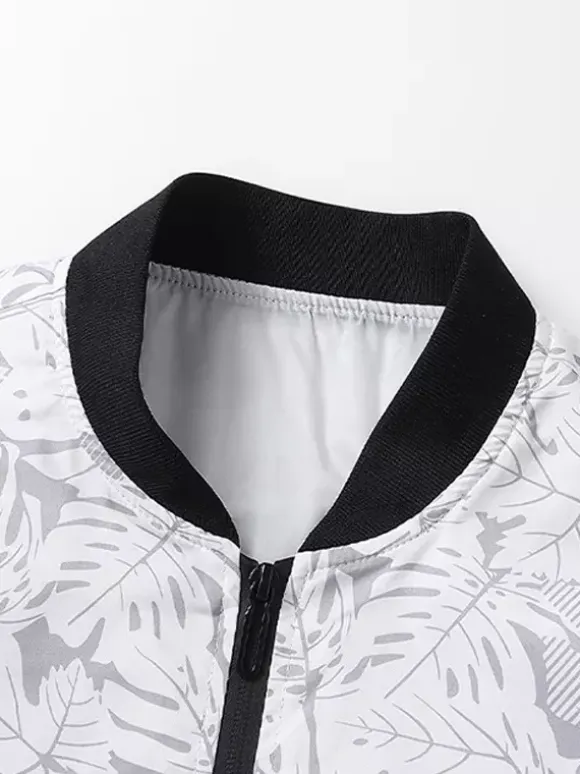 Men's Baseball Collar Jacket Maple Leaf Printed Long Sleeve Elastic Cuffs Zippered Side Pockets Lightweight Jacket