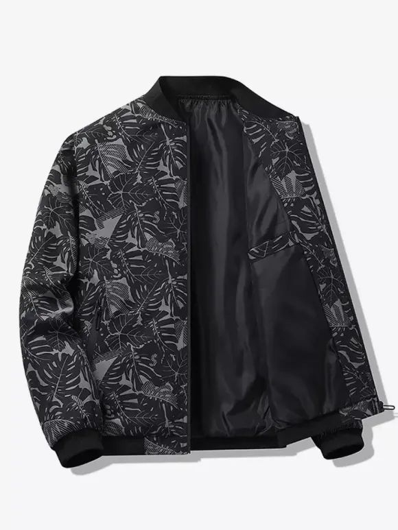 Men's Baseball Collar Jacket Maple Leaf Printed Long Sleeve Elastic Cuffs Zippered Side Pockets Lightweight Jacket
