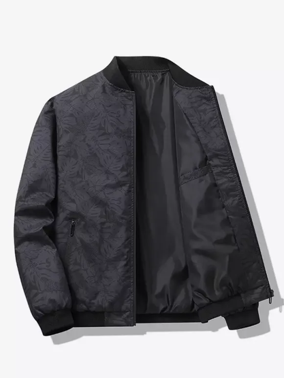 Men's Baseball Collar Jacket Maple Leaf Printed Long Sleeve Elastic Cuffs Zippered Side Pockets Lightweight Jacket