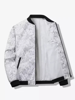 Men's Baseball Collar Jacket Maple Leaf Printed Long Sleeve Elastic Cuffs Zippered Side Pockets Lightweight Jacket