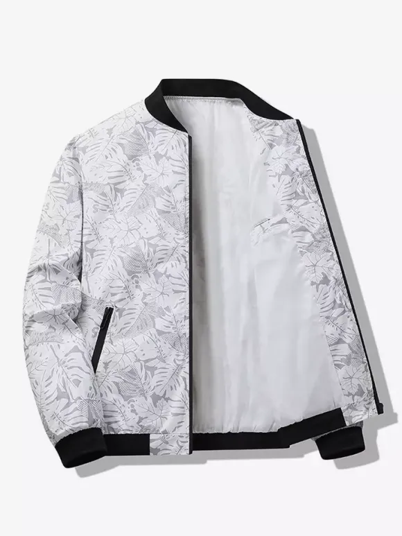 Men's Baseball Collar Jacket Maple Leaf Printed Long Sleeve Elastic Cuffs Zippered Side Pockets Lightweight Jacket