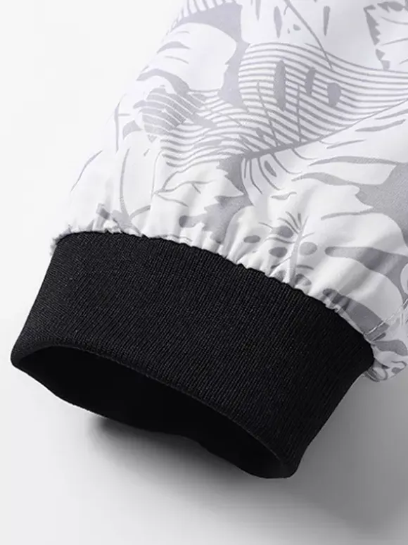 Men's Baseball Collar Jacket Maple Leaf Printed Long Sleeve Elastic Cuffs Zippered Side Pockets Lightweight Jacket