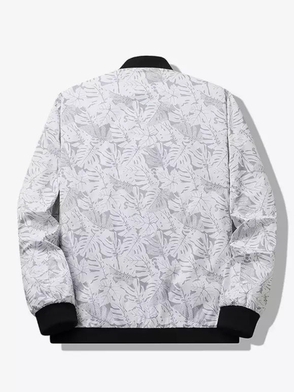 Men's Baseball Collar Jacket Maple Leaf Printed Long Sleeve Elastic Cuffs Zippered Side Pockets Lightweight Jacket