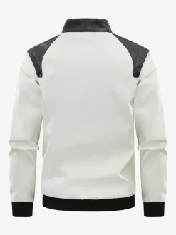 Men's Baseball Jacket Long Sleeves Zip Closure Color Block Leather Jacket