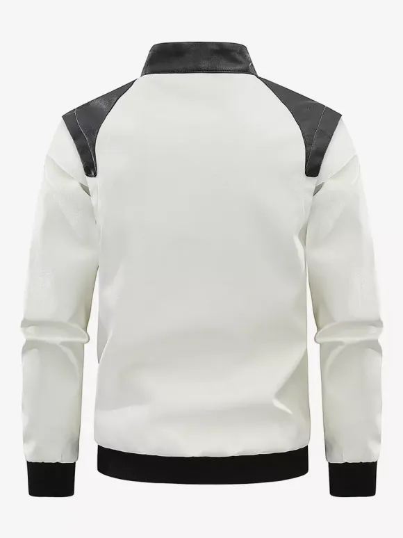 Men's Baseball Jacket Long Sleeves Zip Closure Color Block Leather Jacket