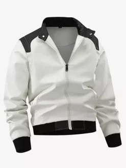 Men's Baseball Jacket Long Sleeves Zip Closure Color Block Leather Jacket