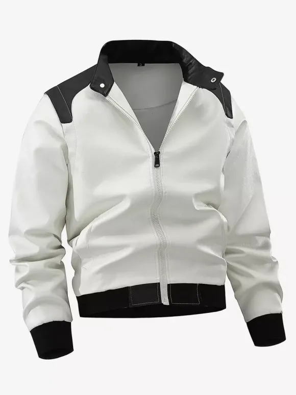 Men's Baseball Jacket Long Sleeves Zip Closure Color Block Leather Jacket
