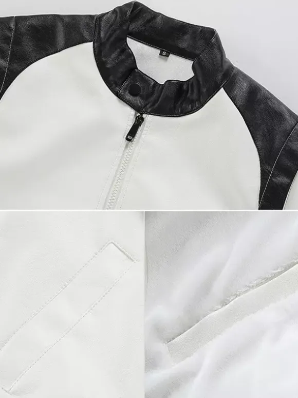 Men's Baseball Jacket Long Sleeves Zip Closure Color Block Leather Jacket