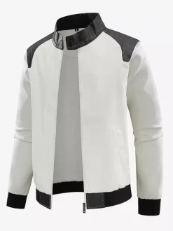 Men's Baseball Jacket Long Sleeves Zip Closure Color Block Leather Jacket