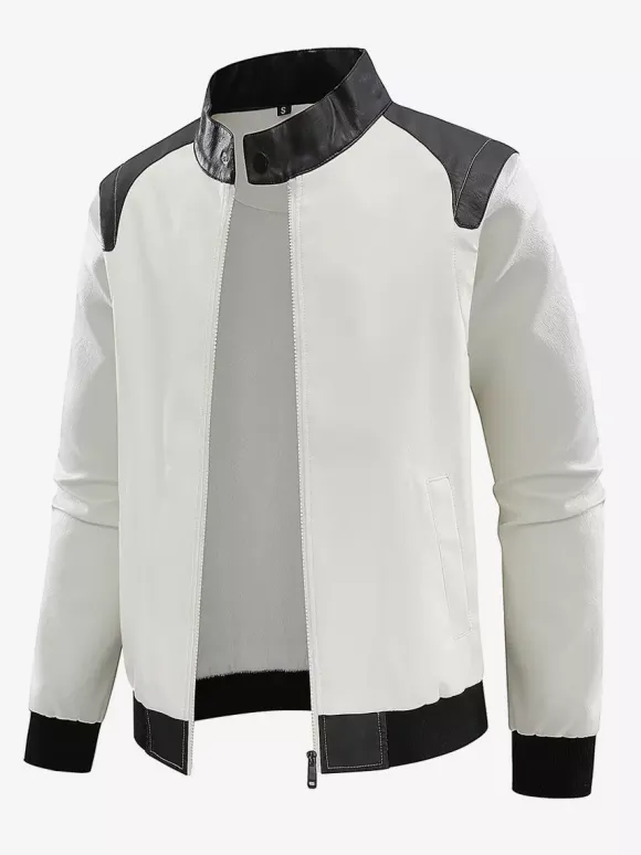 Men's Baseball Jacket Long Sleeves Zip Closure Color Block Leather Jacket