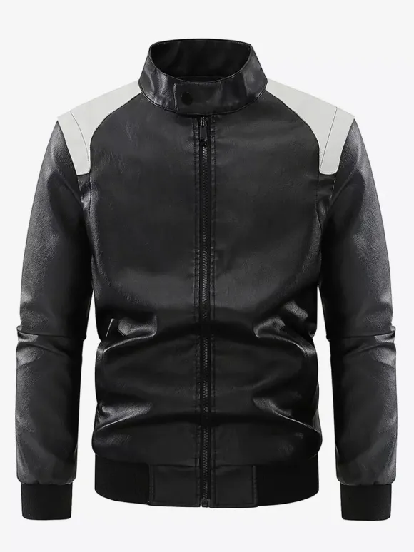 Men's Baseball Jacket Long Sleeves Zip Closure Color Block Leather Jacket