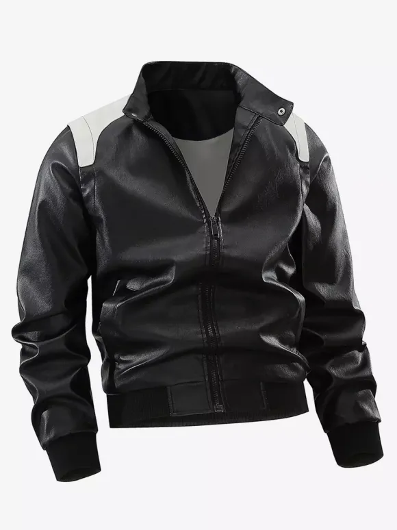 Men's Baseball Jacket Long Sleeves Zip Closure Color Block Leather Jacket