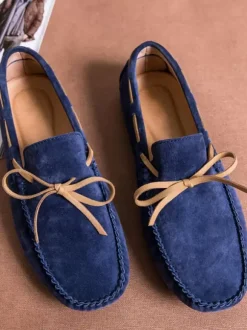 Mens Belgian Loafer Shoes Ink Blue Fashion Suede Leather Slip-On Casual Flat Shoes